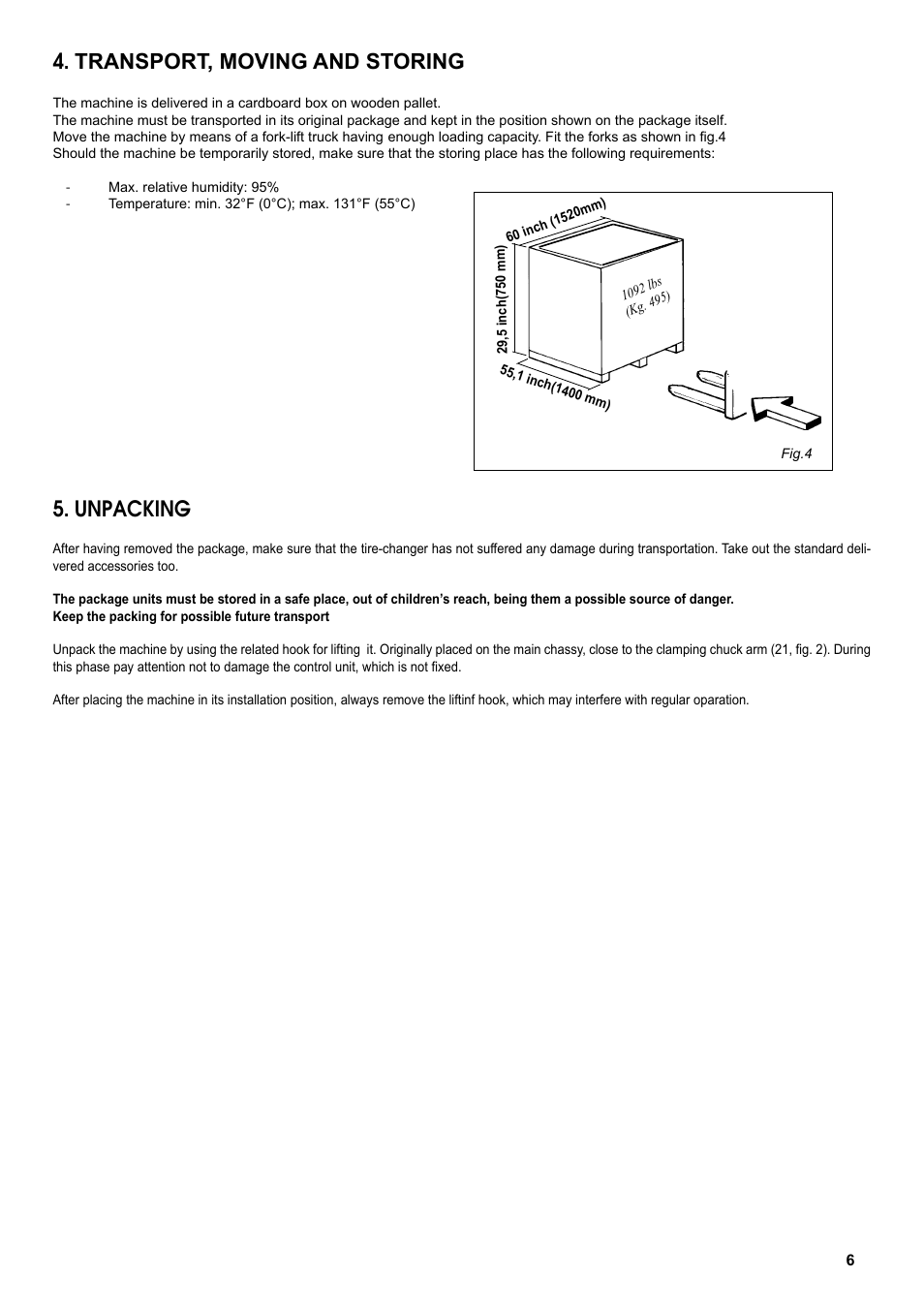 Transport, moving and storing, Unpacking | COATS CDH-4730 Electric-Hydraulic Tire Changer User Manual | Page 6 / 30