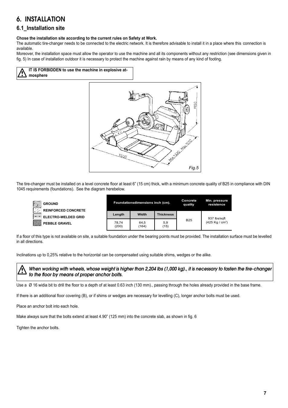 Installation, 1_installation site | COATS CDH-4730 Electric-Hydraulic Tire Changer User Manual | Page 7 / 30