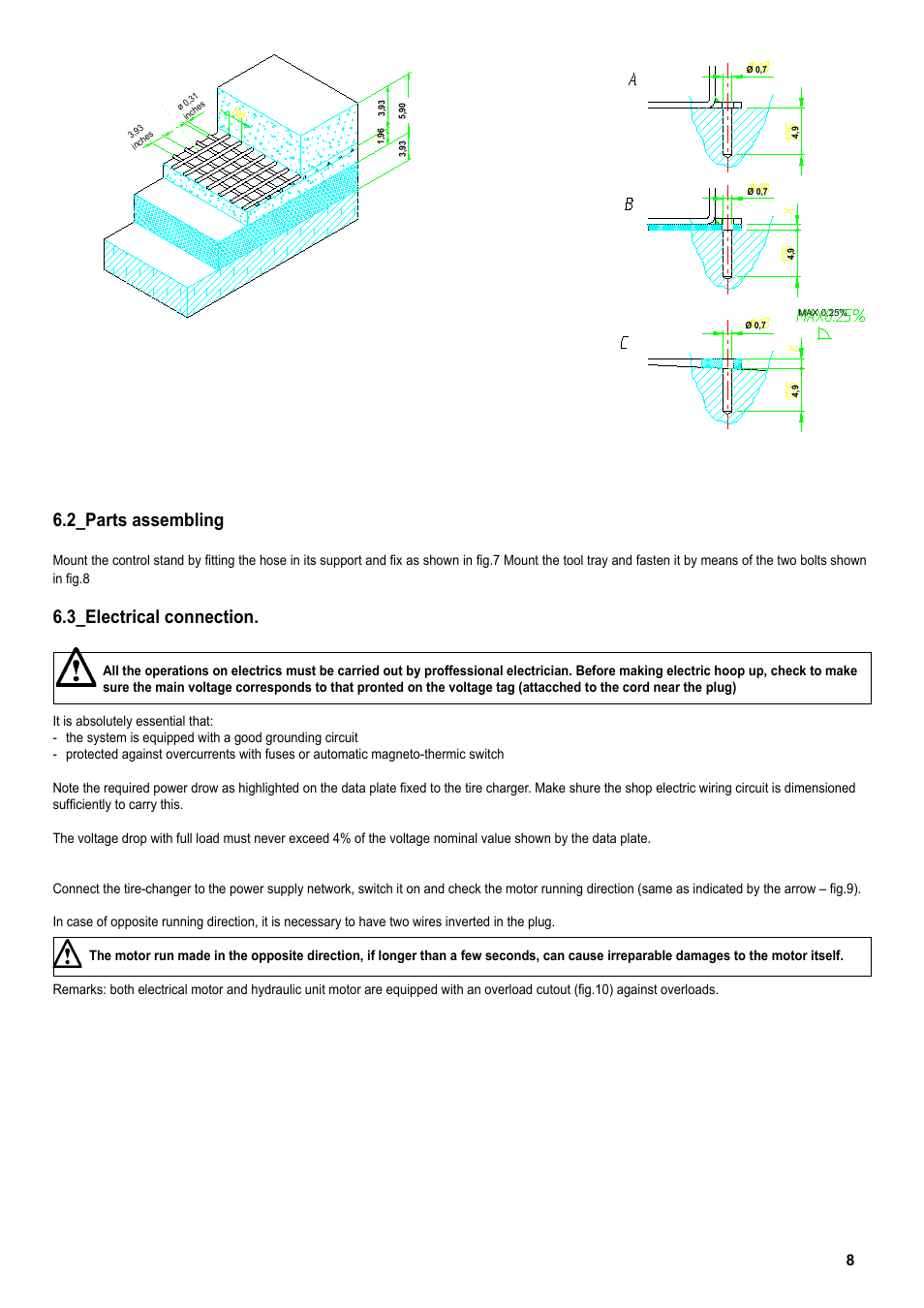 _electrical connection. 6._parts assembling | COATS CDH-4730 Electric-Hydraulic Tire Changer User Manual | Page 8 / 30