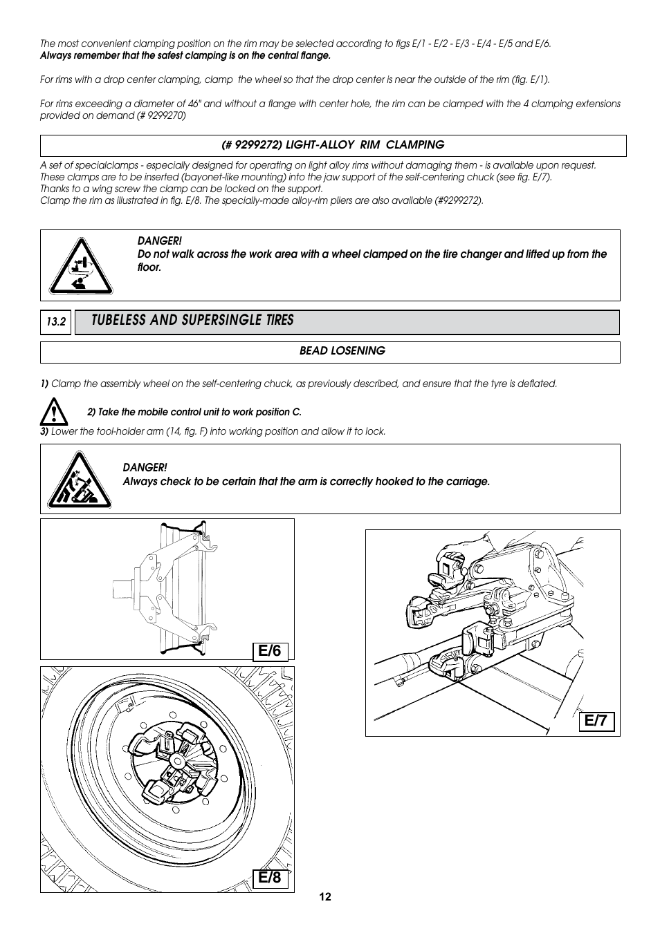 E/6 e/7 e/8, Tubeless and supersingle tires | COATS CDH-6330 Electric-Hydraulic Tire Changer User Manual | Page 12 / 28