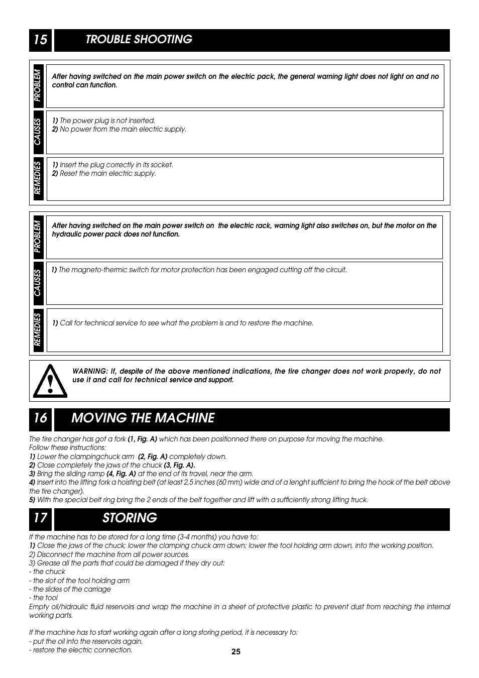 16 moving the machine, 17 storing, Trouble shooting | COATS CDH-6330 Electric-Hydraulic Tire Changer User Manual | Page 25 / 28