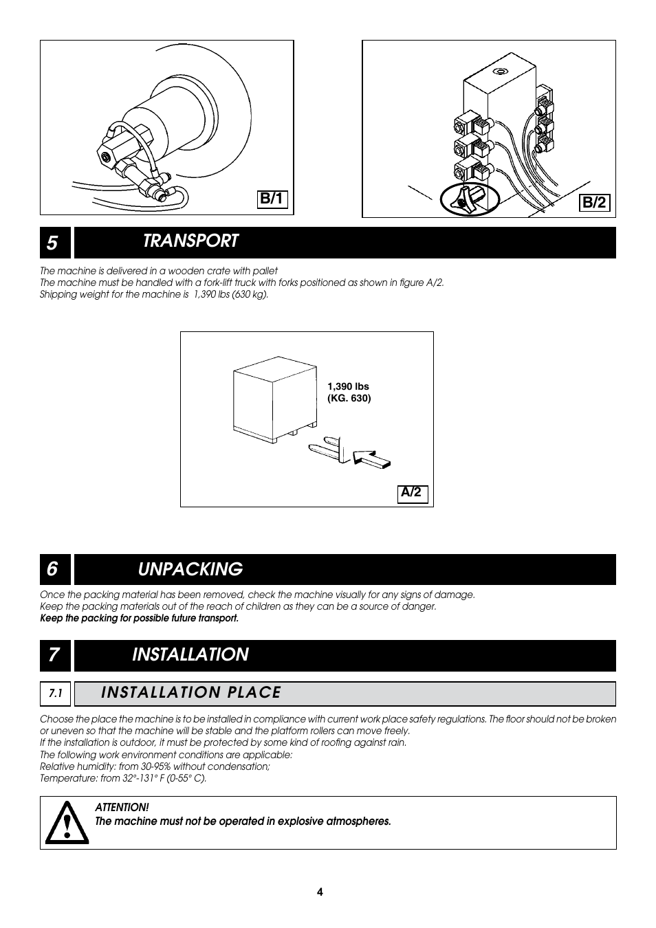 Transport, Unpacking, Installation | B/1 b/2, Installation place | COATS CDH-6330 Electric-Hydraulic Tire Changer User Manual | Page 4 / 28