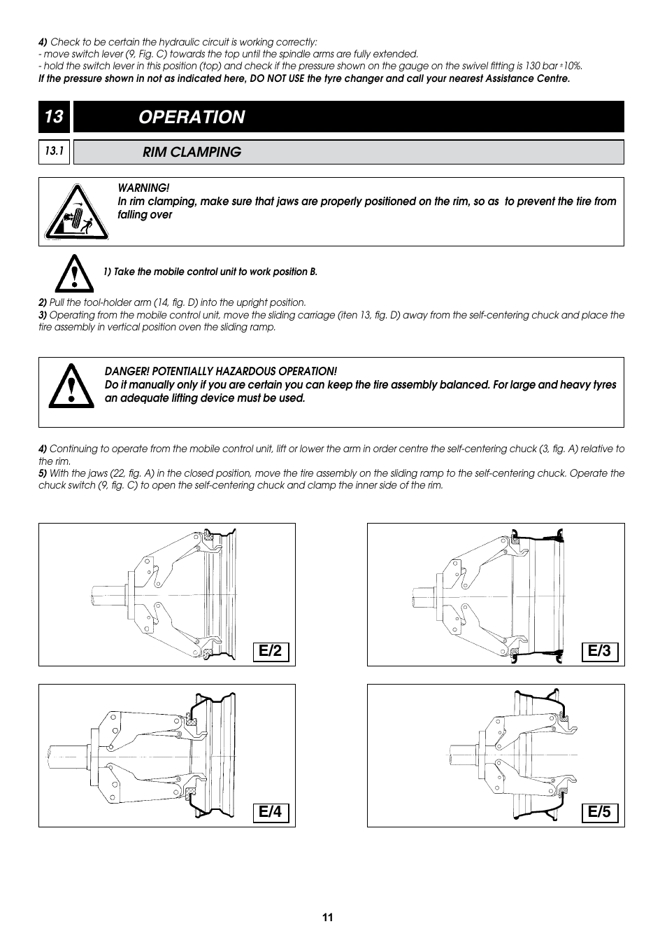 13 operation, E/2 e/3 e/4 e/5 | COATS CDH-9043 Electric-Hydraulic Tire Changer User Manual | Page 11 / 28