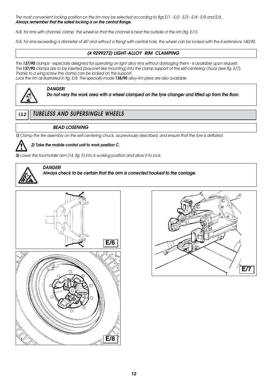 E/6 e/7 e/8, Tubeless and supersingle wheels | COATS CDH-9043 Electric-Hydraulic Tire Changer User Manual | Page 12 / 28