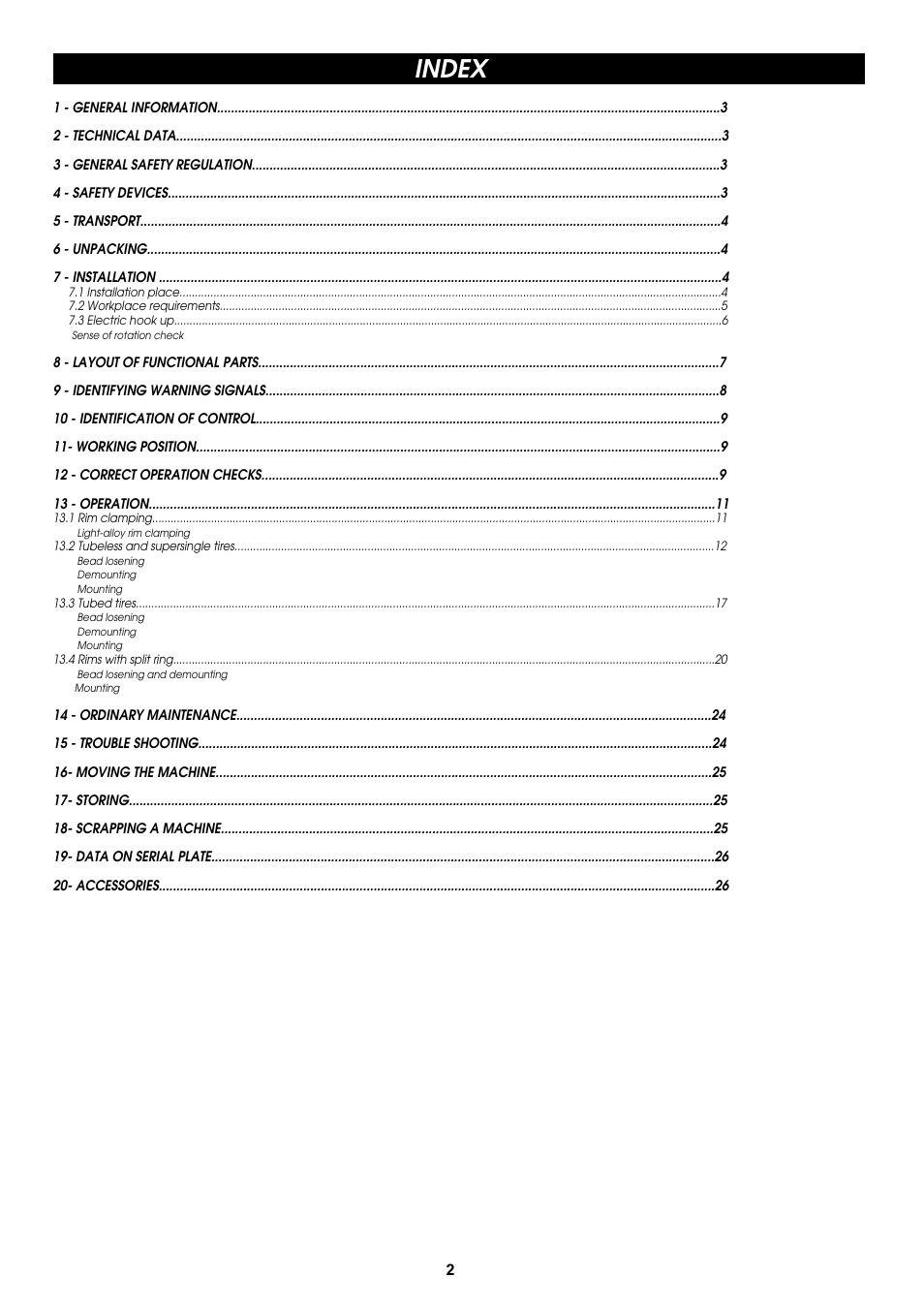 Index | COATS CDH-9043 Electric-Hydraulic Tire Changer User Manual | Page 2 / 28