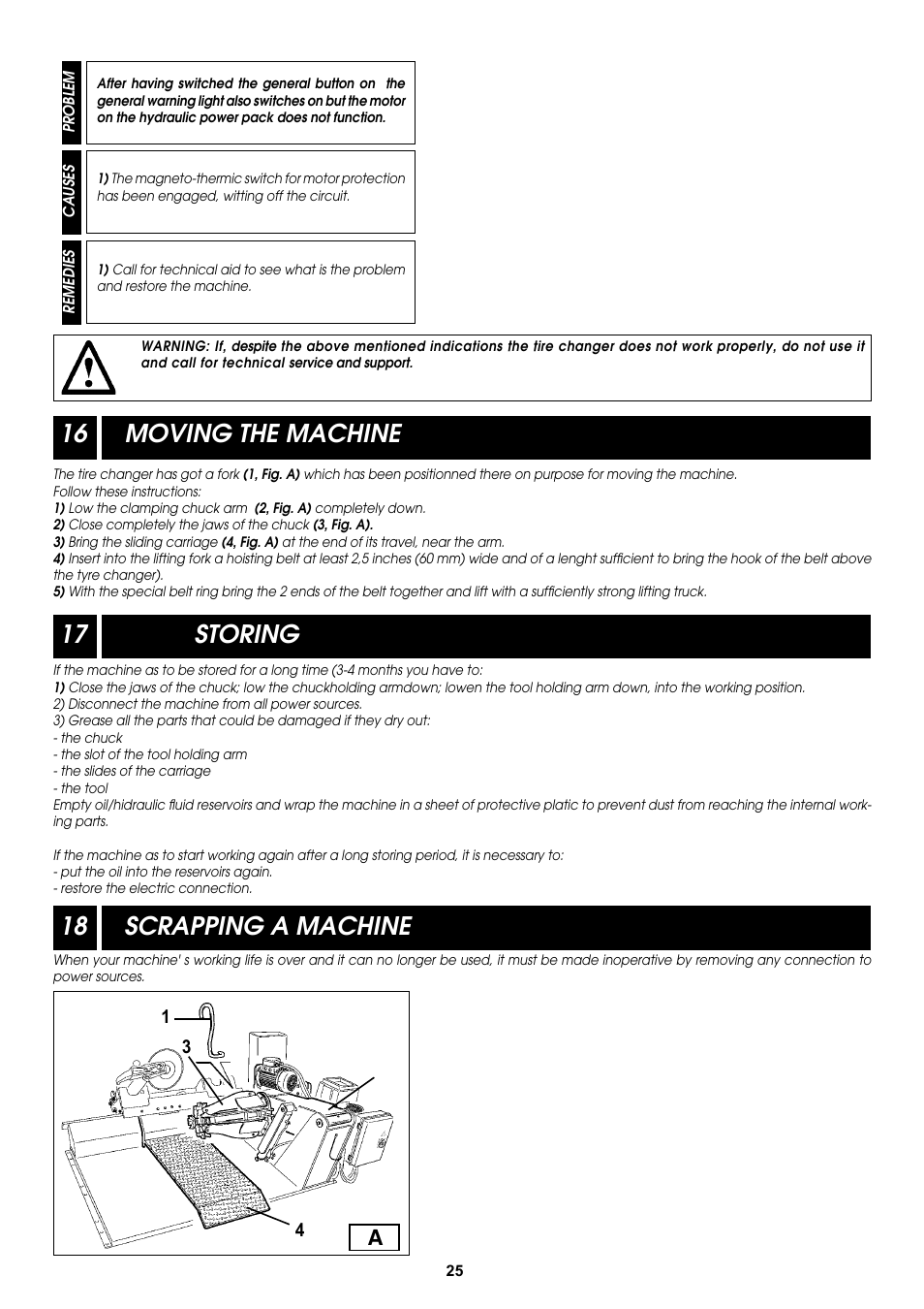 16 moving the machine, 17 storing 18 scrapping a machine | COATS CDH-9043 Electric-Hydraulic Tire Changer User Manual | Page 25 / 28