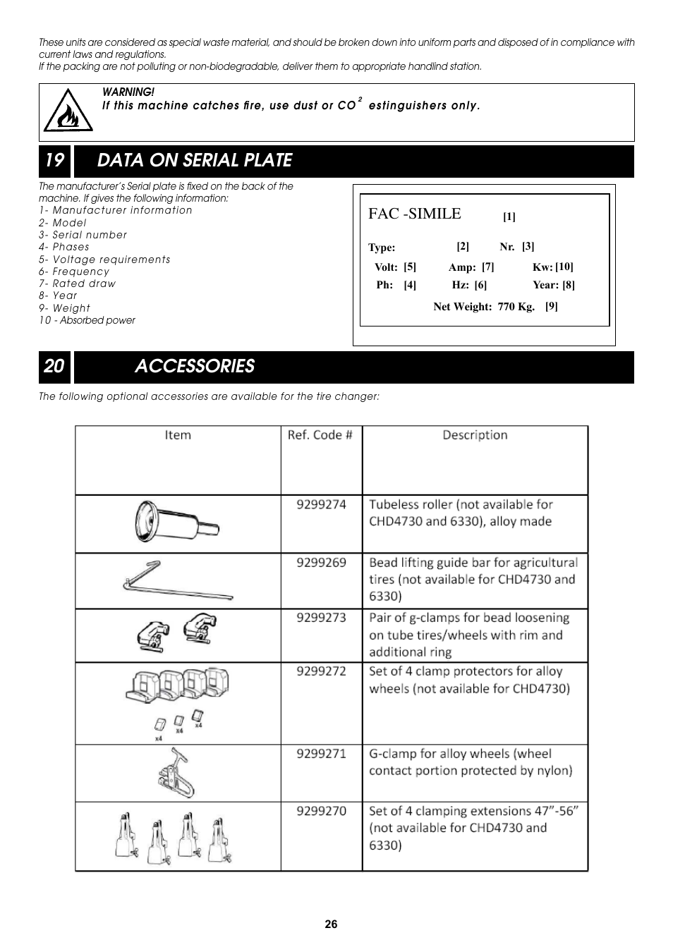 20 accessories, 19 data on serial plate, Fac -simile | COATS CDH-9043 Electric-Hydraulic Tire Changer User Manual | Page 26 / 28