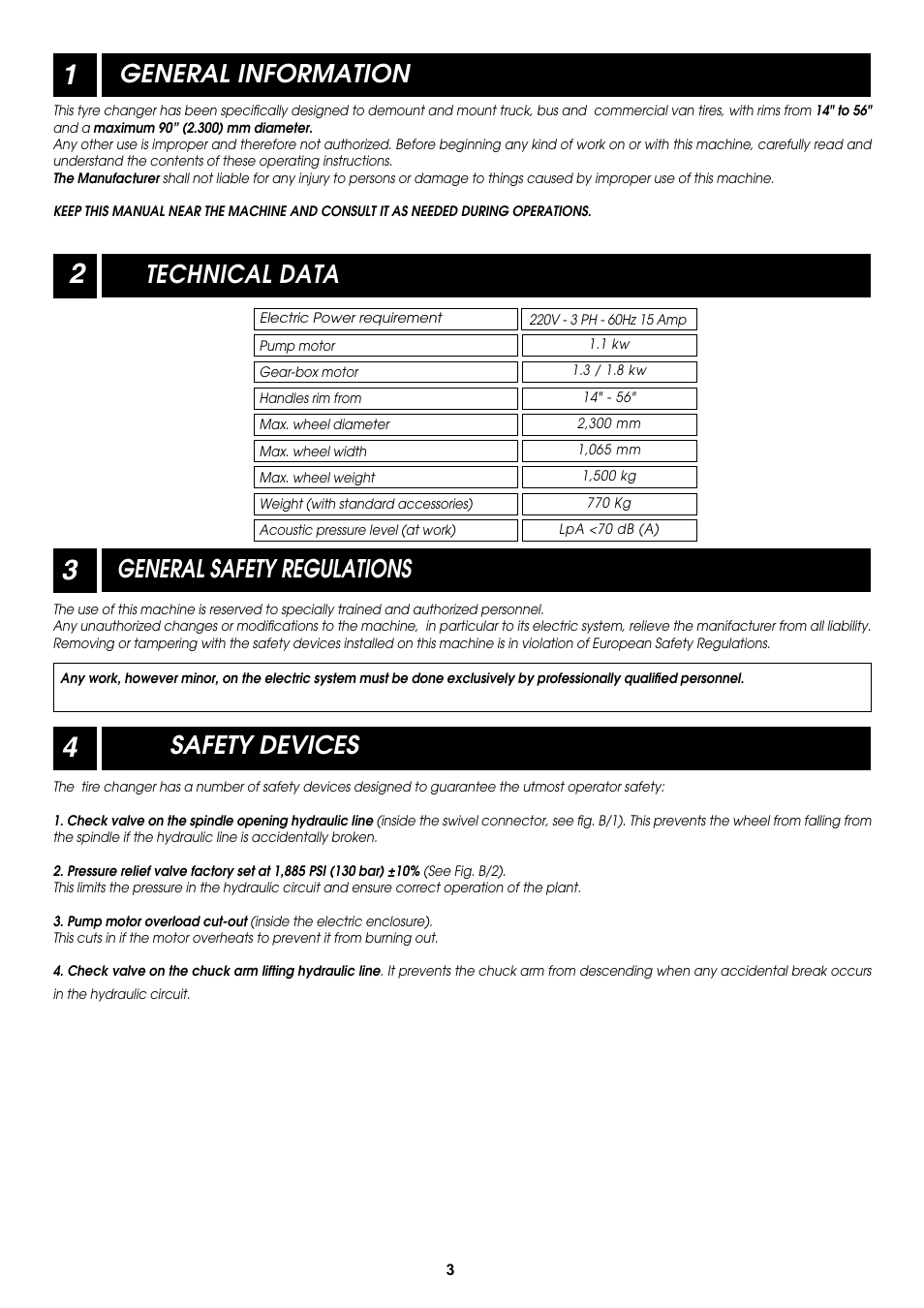 General information, Technical data, General safety regulations | Safety devices | COATS CDH-9043 Electric-Hydraulic Tire Changer User Manual | Page 3 / 28