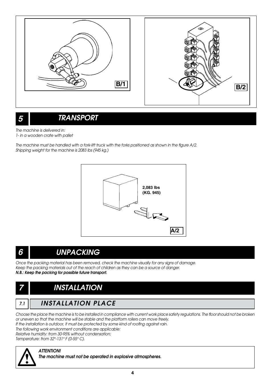 Transport, Unpacking, Installation | B/2 b/1, Installation place | COATS CDH-9043 Electric-Hydraulic Tire Changer User Manual | Page 4 / 28