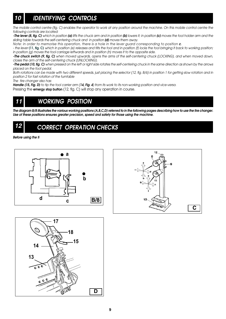 10 identifying controls, Working position correct operation checks 12 | COATS CDH-9043 Electric-Hydraulic Tire Changer User Manual | Page 9 / 28