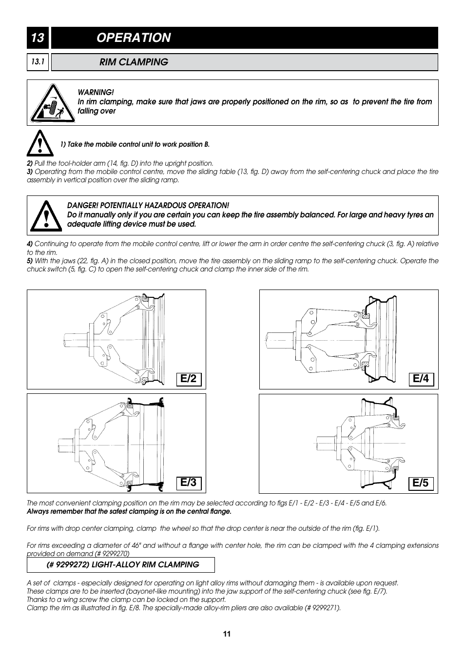 13 operation, E/2 e/3 e/4 e/5 | COATS CDH-9551 Electric-Hydraulic Tire Changer User Manual | Page 11 / 26