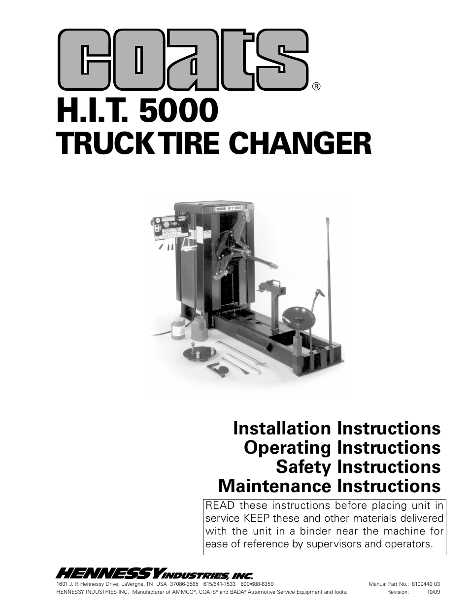 COATS HIT 5000 Truck Tire Changer User Manual | 16 pages