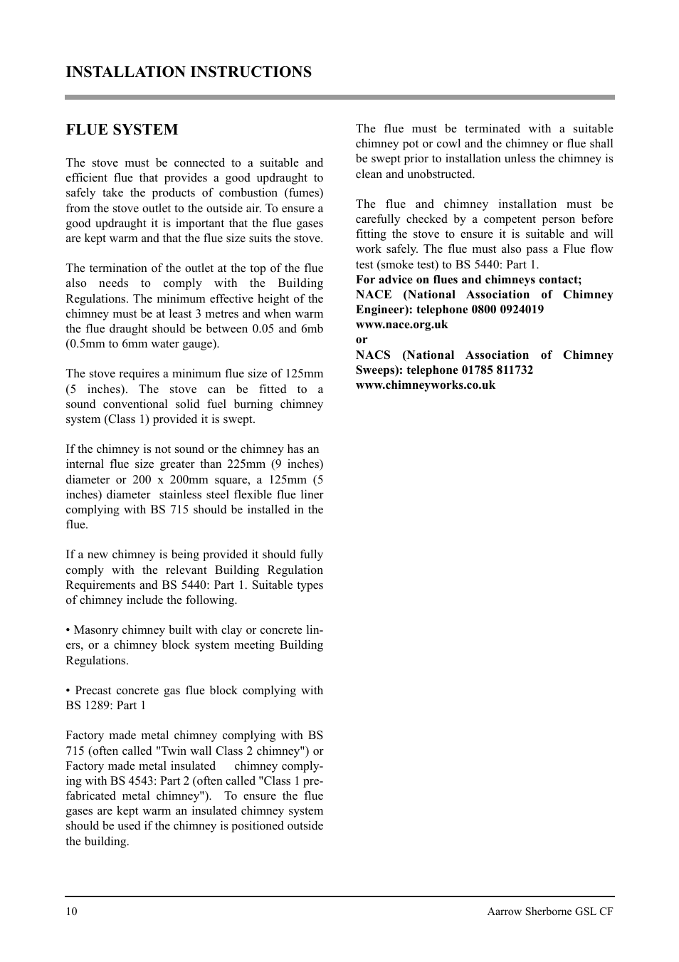 Flue system, Installation instructions | Aarrow Fires Gas Stove User Manual | Page 10 / 46