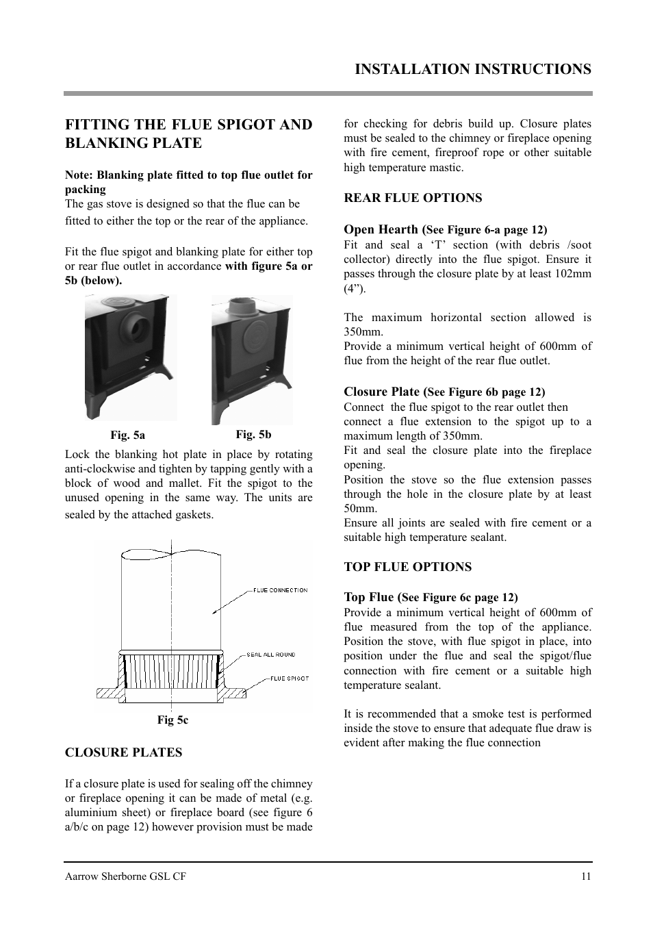 Fitting the flue spigot and blanking plate, Installation instructions | Aarrow Fires Gas Stove User Manual | Page 11 / 46