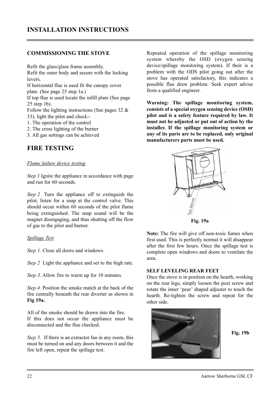 Fire testing, Installation instructions | Aarrow Fires Gas Stove User Manual | Page 22 / 46