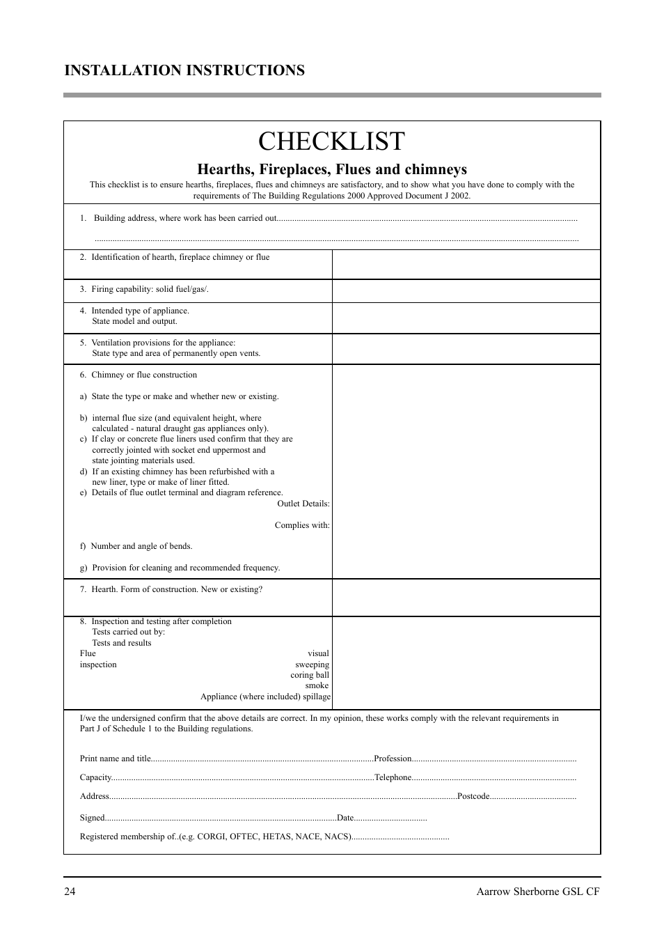 Checklist, Installation instructions, Hearths, fireplaces, flues and chimneys | Aarrow Fires Gas Stove User Manual | Page 24 / 46