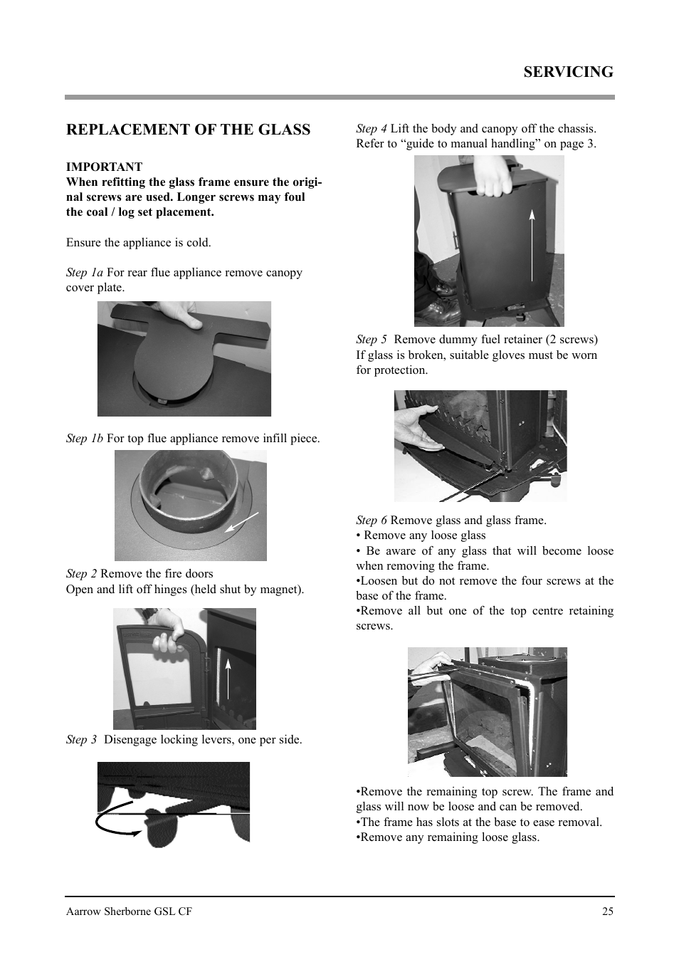 Servicing replacement of the glass | Aarrow Fires Gas Stove User Manual | Page 25 / 46