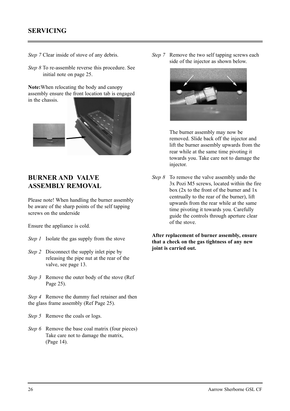 Servicing, Burner and valve assembly removal | Aarrow Fires Gas Stove User Manual | Page 26 / 46
