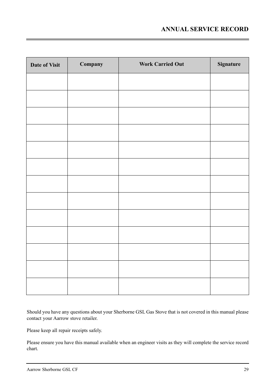 Annual service record | Aarrow Fires Gas Stove User Manual | Page 29 / 46