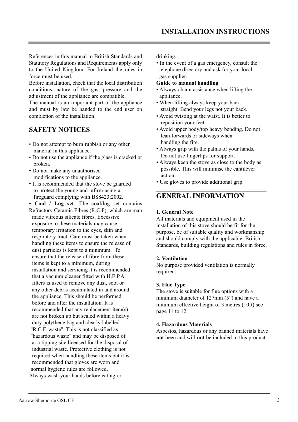 Safety notices, General information, Installation instructions | Aarrow Fires Gas Stove User Manual | Page 3 / 46