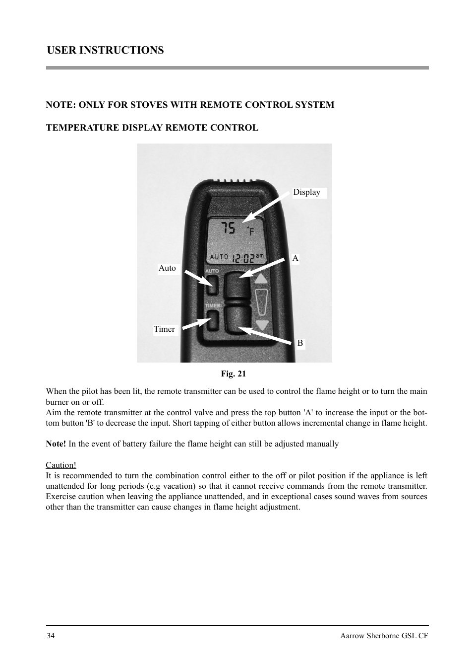 User instructions | Aarrow Fires Gas Stove User Manual | Page 34 / 46