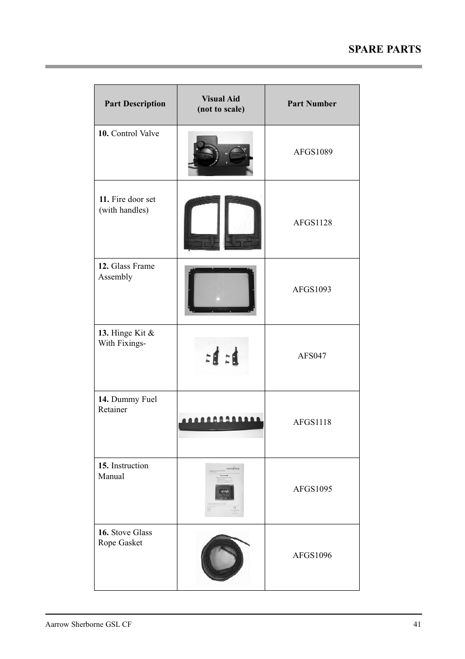 Spare parts | Aarrow Fires Gas Stove User Manual | Page 41 / 46