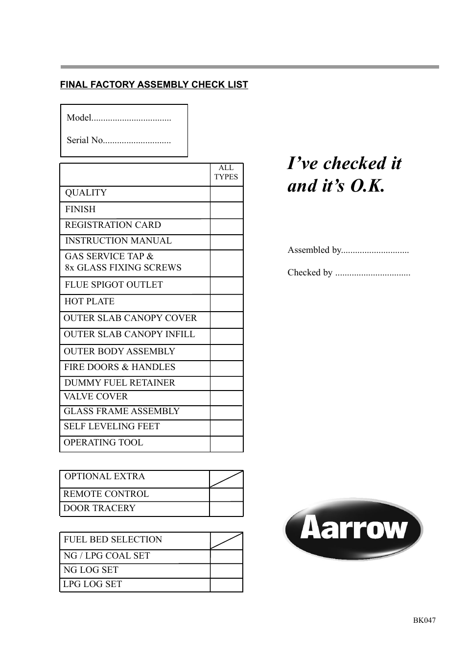I’ve checked it and it’s o.k | Aarrow Fires Gas Stove User Manual | Page 46 / 46