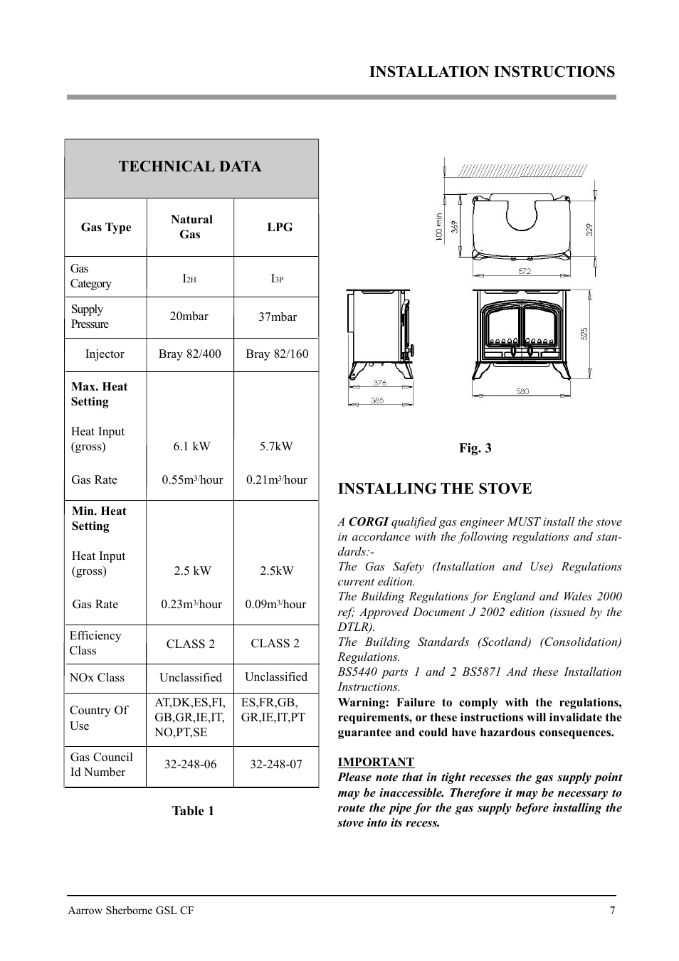 Installation instructions technical data, Installing the stove | Aarrow Fires Gas Stove User Manual | Page 7 / 46