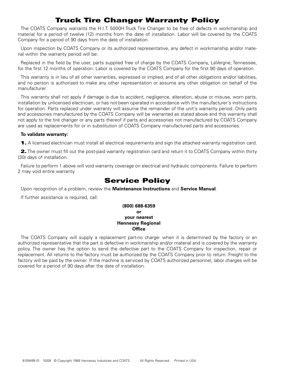 Truck tire changer warranty policy, Service policy | COATS HIT 5000H Truck Tire Changer User Manual | Page 24 / 24