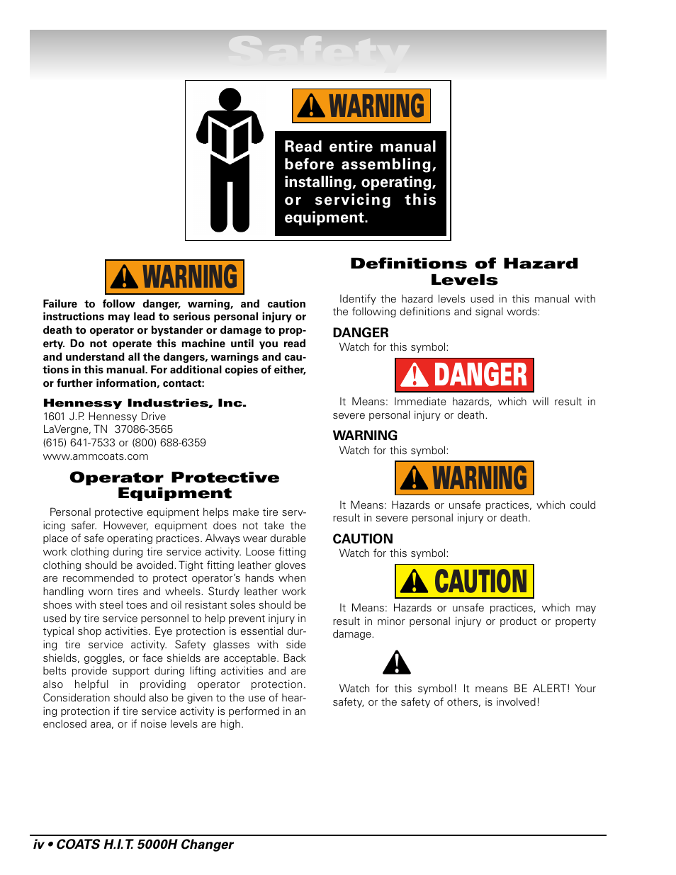 Safety, Caution warning danger warning warning | COATS HIT 5000H Truck Tire Changer User Manual | Page 4 / 24