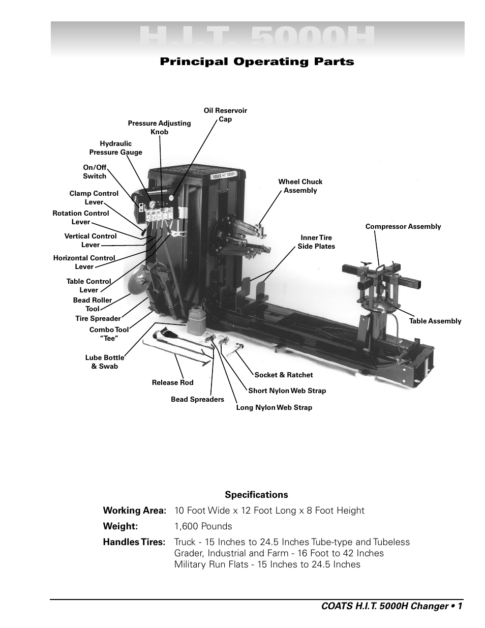 H.i.t. 5000h, Principal operating parts | COATS HIT 5000H Truck Tire Changer User Manual | Page 7 / 24