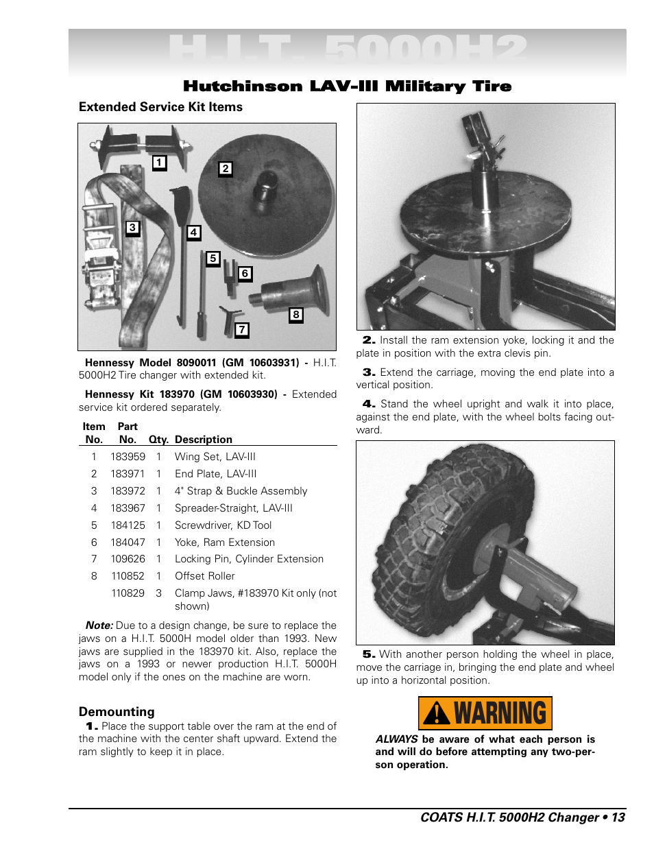 Warning, Hutchinson lav-iii military tire | COATS HIT 5000H2 Truck Tire Changer User Manual | Page 19 / 28