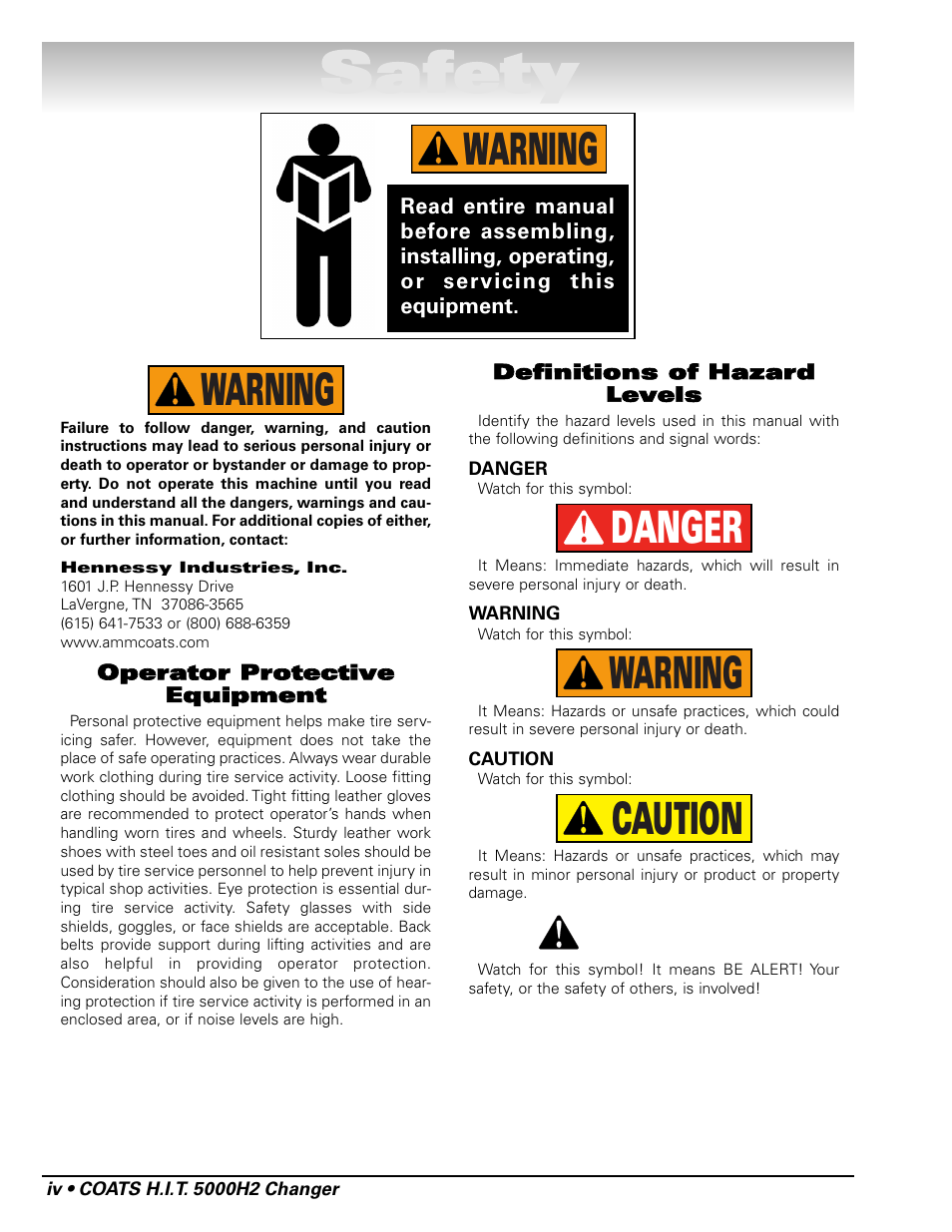 Safety, Caution warning danger warning warning | COATS HIT 5000H2 Truck Tire Changer User Manual | Page 4 / 28