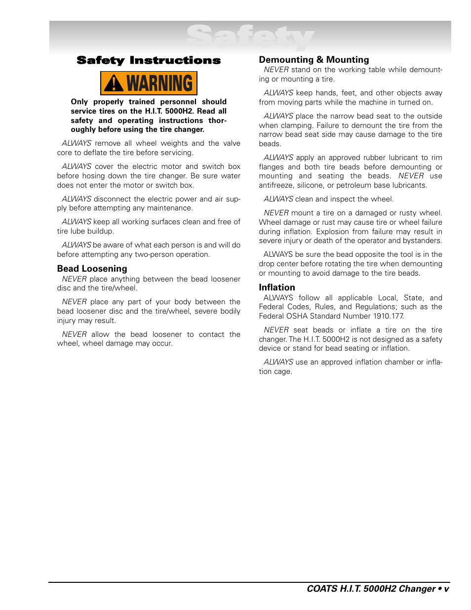 Safety, Warning, Safety instructions | COATS HIT 5000H2 Truck Tire Changer User Manual | Page 5 / 28