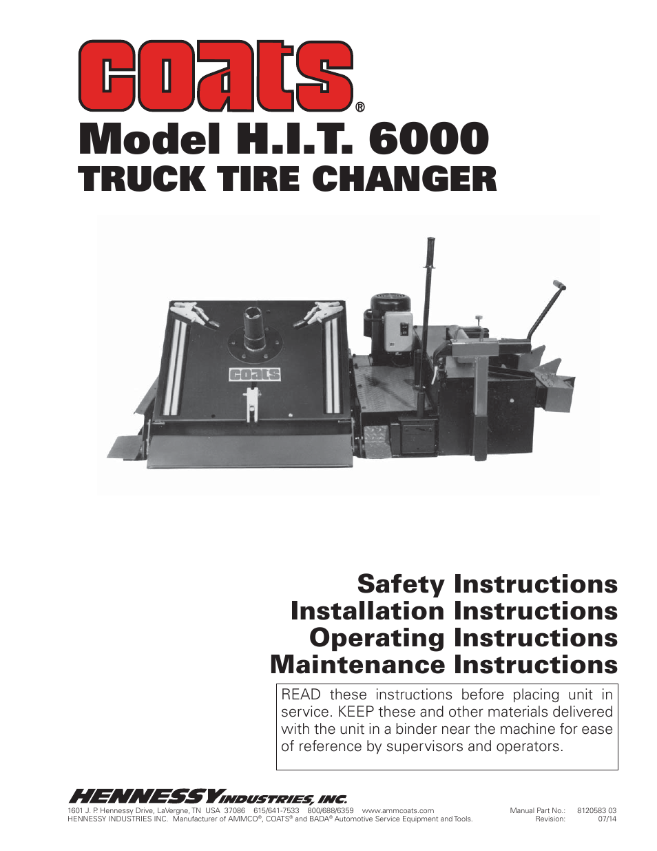 COATS HIT 6000 Truck Tire Changer User Manual | 16 pages