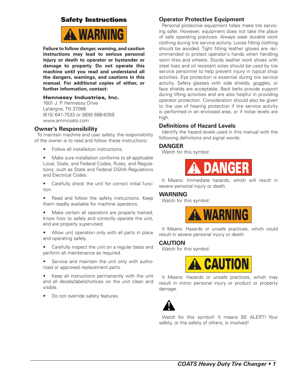 Danger, Caution, Warning | COATS HIT 6000 Truck Tire Changer User Manual | Page 3 / 16