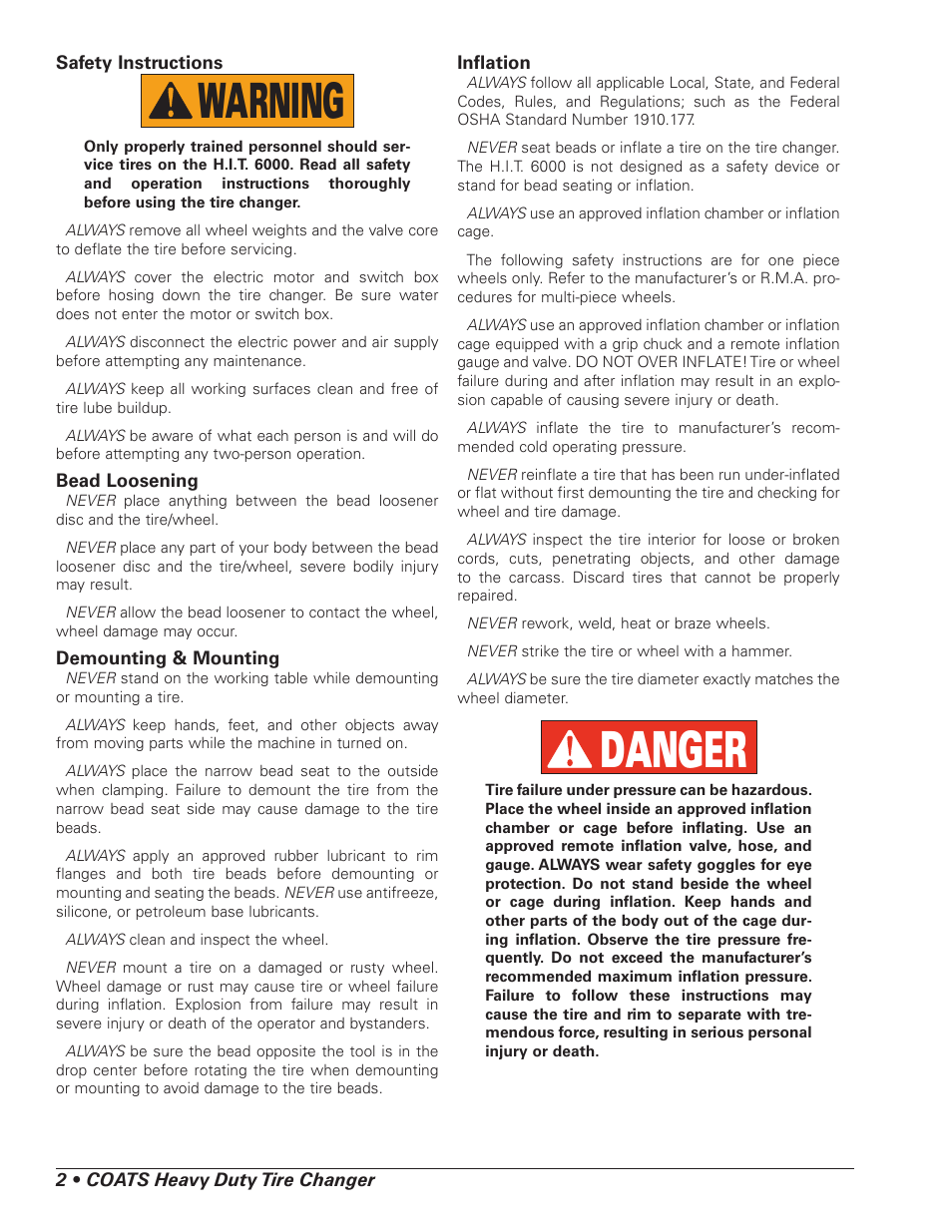 Danger, Warning | COATS HIT 6000 Truck Tire Changer User Manual | Page 4 / 16