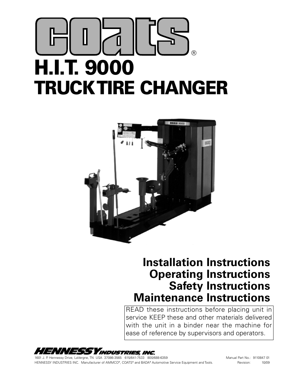 COATS HIT 9000, Truck Tire Changer User Manual | 16 pages