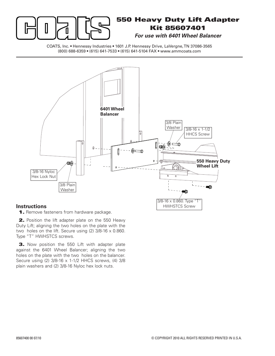 COATS Kit 85607401 550 Heavy Duty Tire Lift Adapter User Manual | 1 page