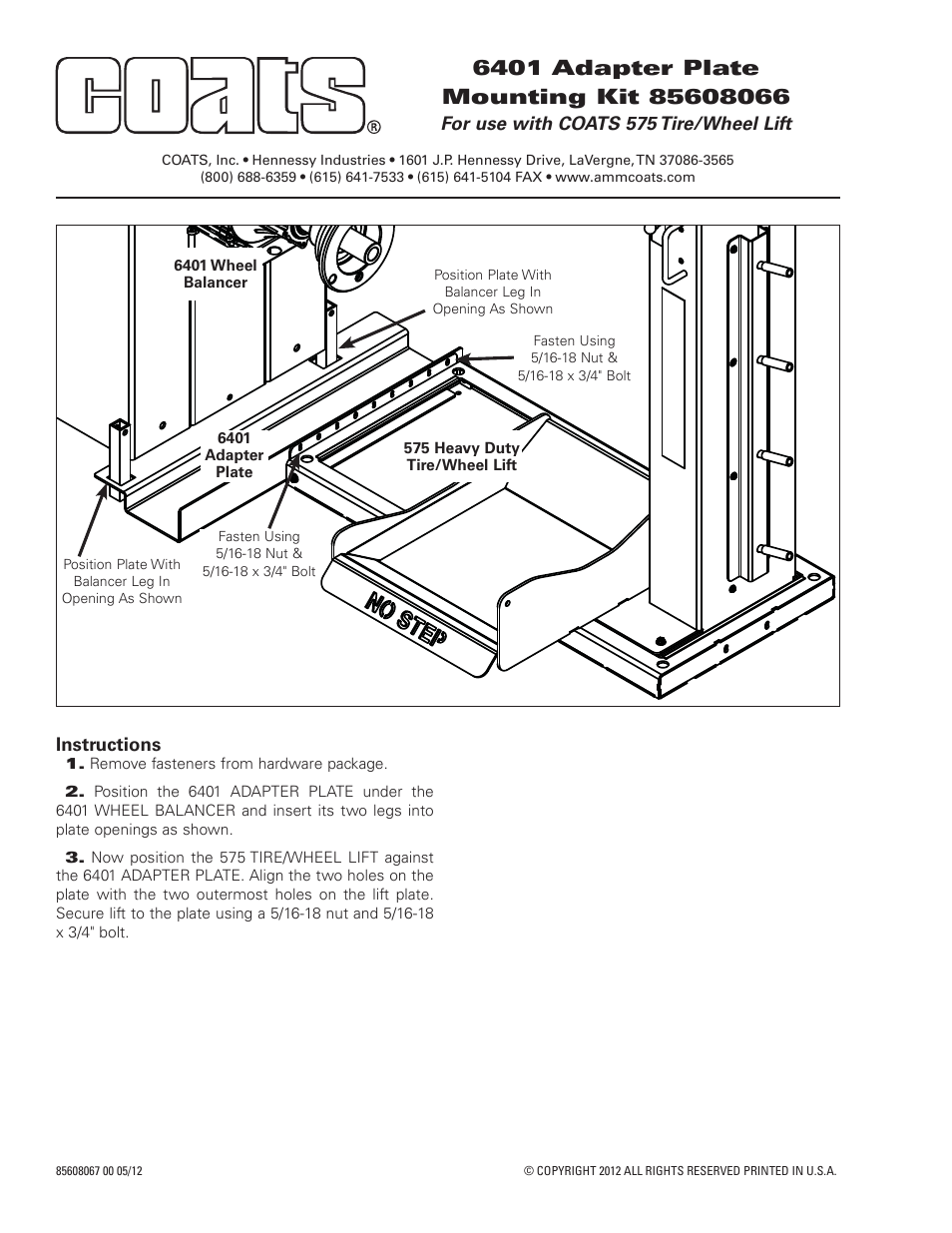 COATS Kit 85608066 6401 Adapter Plate Mounting User Manual | 1 page