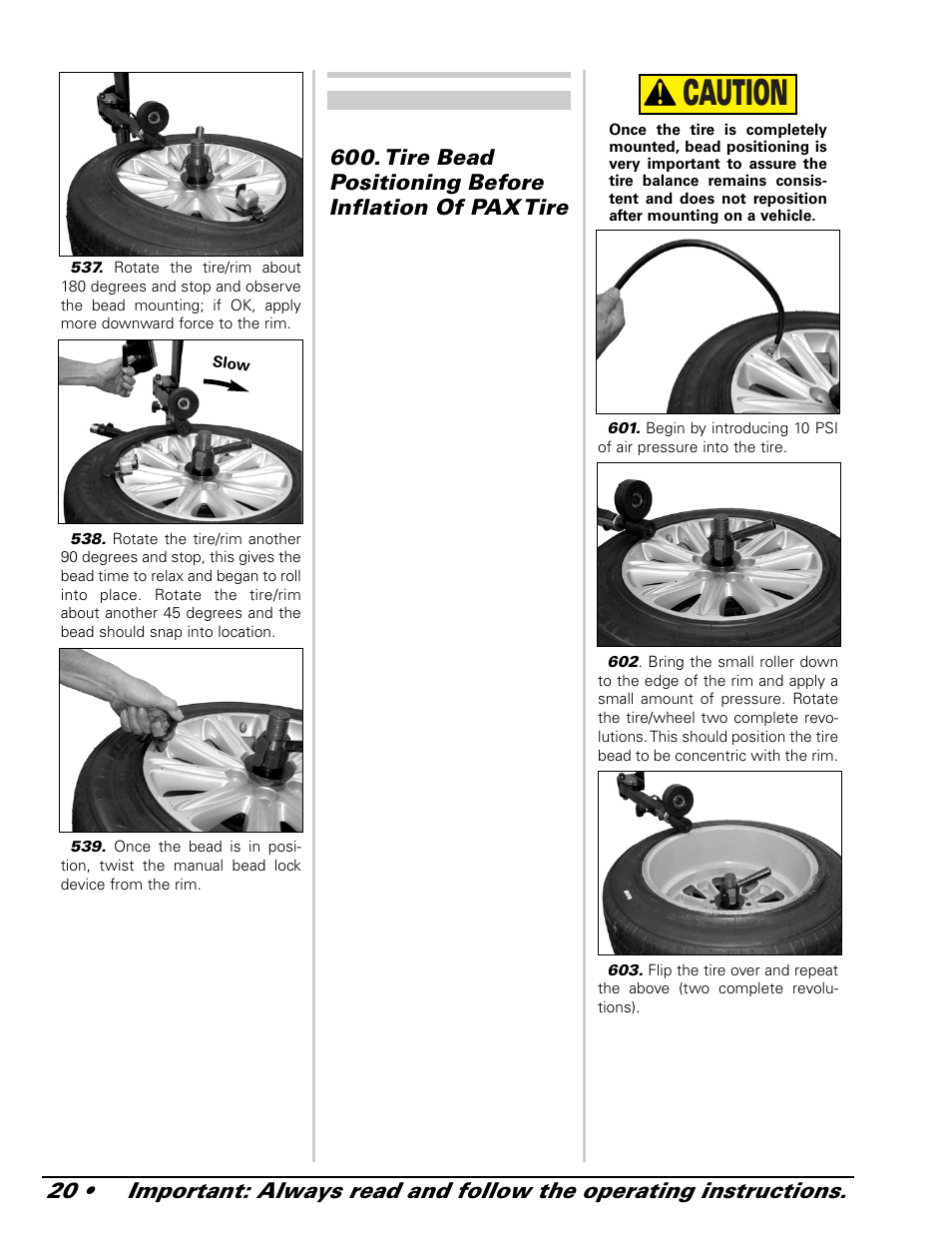 Caution, Tire bead positioning before inflation of pax tire | COATS 9024 E-PAX and 9024E PAX Adapter User Manual | Page 20 / 24