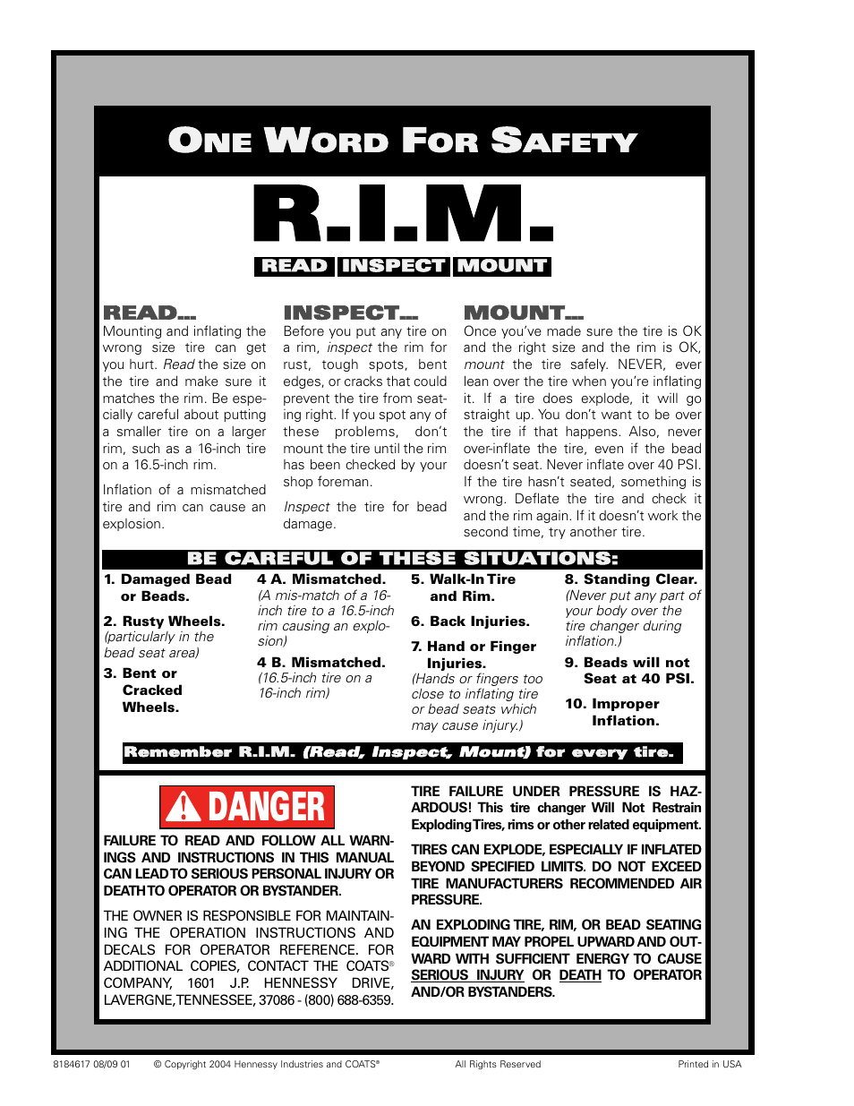 R.i.m, Danger, Afety | COATS 9024 E-PAX and 9024E PAX Adapter User Manual | Page 24 / 24