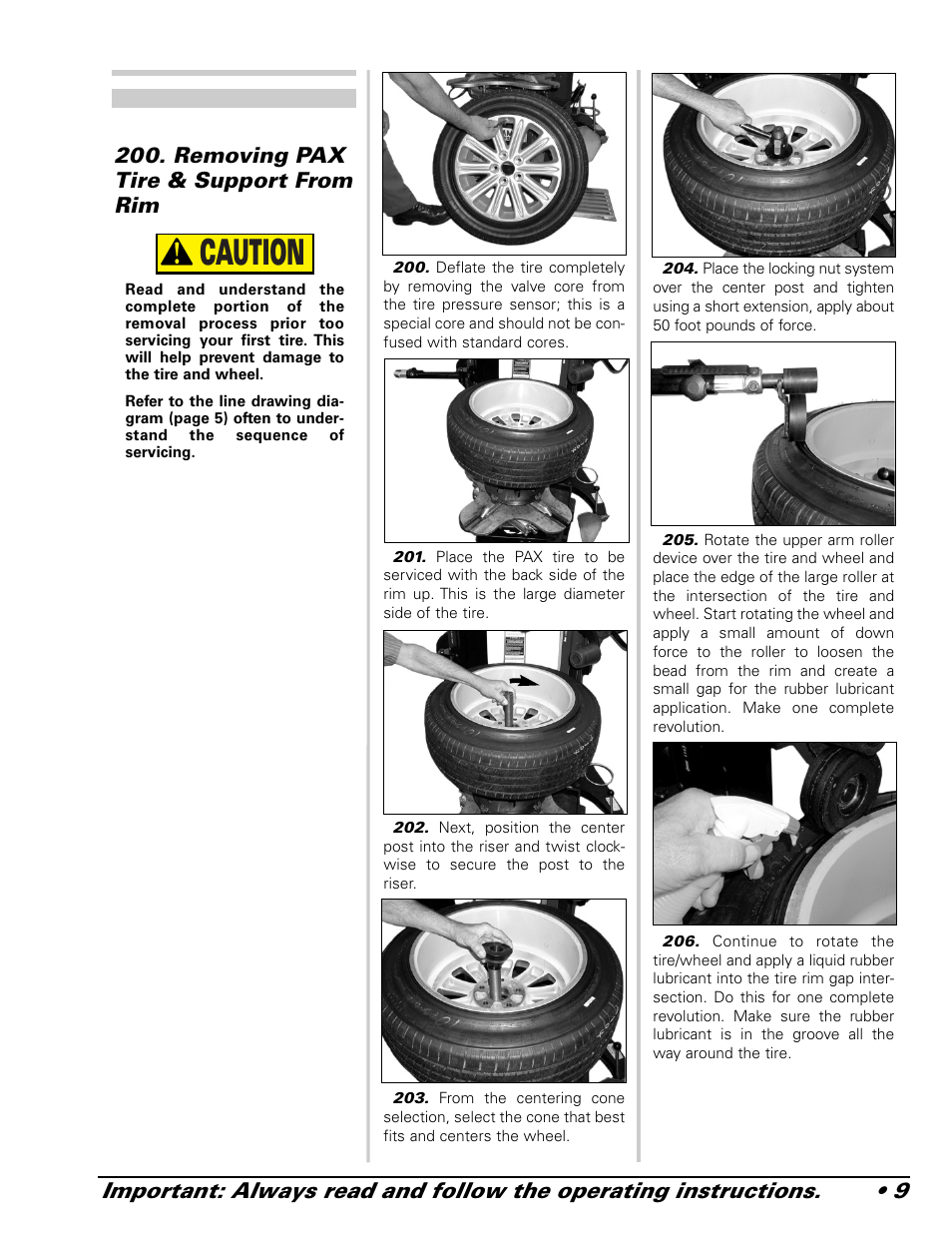 Caution, Removing pax tire & support from rim | COATS 9024 E-PAX and 9024E PAX Adapter User Manual | Page 9 / 24