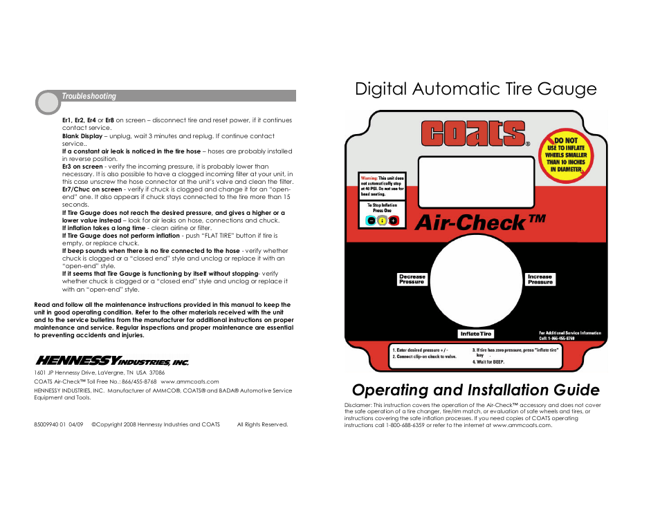 Digital automatic tire gauge, Operating and installation guide | COATS Air-Check Automatic Tire Gauge User Manual | Page 2 / 2