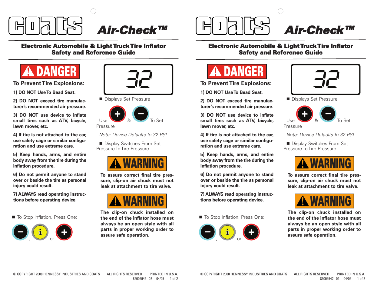 COATS Air-Check Warning Card User Manual | 2 pages