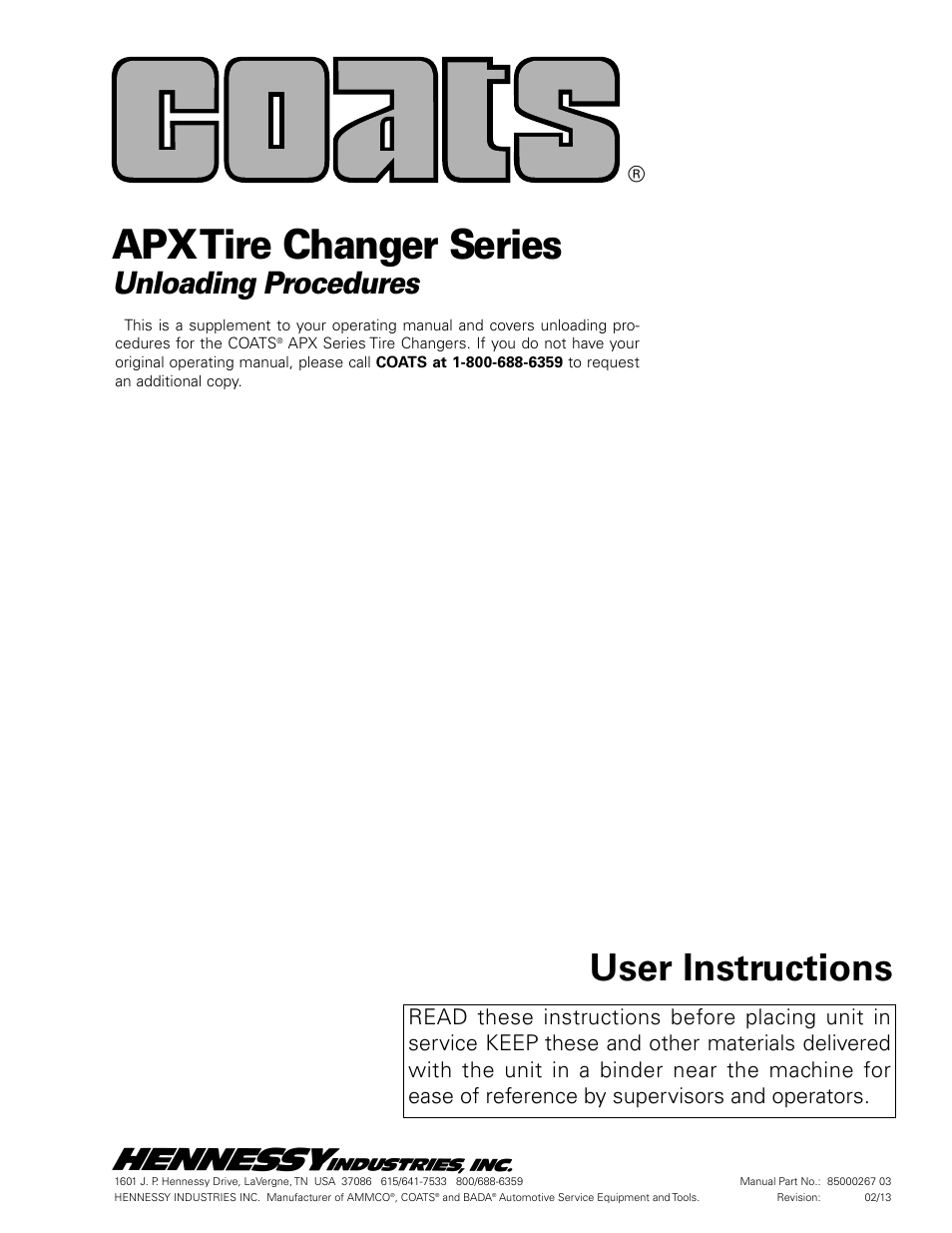 COATS APX Tire Changer Series Unloading Procedures User Manual | 4 pages