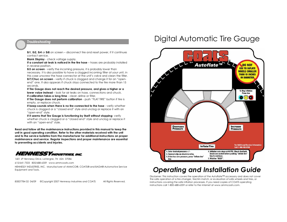Digital automatic tire gauge, Operating and installation guide | COATS Autoflate Automatic Tire Gauge User Manual | Page 2 / 2
