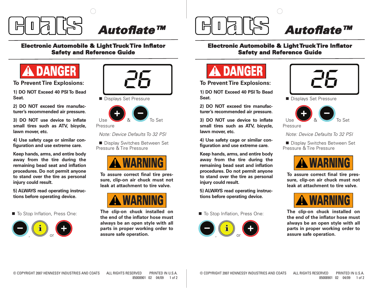 COATS Autoflate Warning Card User Manual | 2 pages