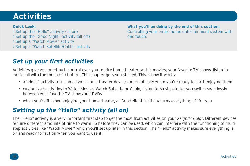 Activities, Set up your first activities, Setting up the “hello” activity (all on) | Acoustic Research ARRX15G User Manual | Page 14 / 48