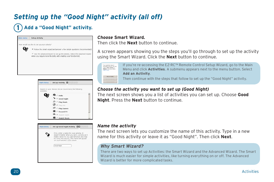 Setting up the “good night” activity (all off) 1 | Acoustic Research ARRX15G User Manual | Page 20 / 48